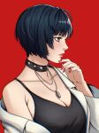  1girl absurdres black_dress black_hair breasts choker cleavage doctor dress highres ikhwan_maulana jewelry lab_coat necklace persona persona_5 red_background red_lips red_nails short_hair simple_background solo takemi_tae upper_body 