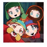  4boys beanie black_gloves black_hair black_jacket blonde_hair blue_eyes blue_headwear brown_eyes brown_hair eric_cartman freckles gloves green_gloves green_headwear hands_up hat highres hood hood_up jacket kenny_mccormick kyle_broflovski male_focus multiple_boys omochisan216 open_mouth orange_jacket red_gloves red_jacket short_hair smile south_park stan_marsh teeth tongue tongue_out upper_body upper_teeth_only yellow_gloves 