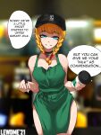  1girl absurdres apron blonde_hair blue_eyes breasts drink english_text green_apron highres holding holding_marker hyrule_warriors iced_latte_with_breast_milk_(meme) indoors lewdme_2120 linkle looking_at_viewer marker meme naked_apron speech_bubble starbucks the_legend_of_zelda watermark 