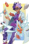  1boy absurdres black-framed_eyewear book border coat commentary_request dark-skinned_male dark_skin glasses gradient_background grey_eyes grin hasekou_g highres jacq_(pokemon) male_focus open_clothes open_coat outside_border pants pokemon pokemon_(creature) pokemon_sv purple_hair purple_pants purple_shirt rotom rotom_(normal) rotom_phone shirt short_hair slippers smile striped_clothes striped_shirt teeth white_border 