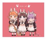  1boy 2girls alternate_costume animal_ears apron blush bow bowtie broom bucket chibi commentary crossdressing dress emiya_shirou enmaided extra_ears fate/stay_night fate_(series) full_body highres holding holding_broom holding_bucket holding_hands kamo_0707 looking_at_viewer maid maid_headdress matou_sakura multiple_girls pinafore_dress rabbit_ears simple_background symbol-only_commentary tohsaka_rin twintails white_apron white_bow white_bowtie 