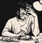  1boy danielcalmdown desk disco_elysium facial_hair glasses greyscale hair_slicked_back hand_in_own_hair kim_kitsuragi lamp looking_at_viewer male_focus mature_male messy_hair monochrome mustache short_hair solo upper_body writing 