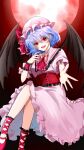  1girl 2dio9gwjal28761 ascot bat_wings blue_hair corset dress hat hat_ribbon highres mob_cap moon pink_dress pink_headwear red_ascot red_eyes red_footwear red_moon remilia_scarlet ribbon short_hair slit_pupils solo touhou wings wrist_cuffs 