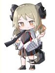  1girl absurdres arknights black_choker black_dress black_footwear brown_eyes chibi choker dress eyebrows_hidden_by_hair fire full_body grin gun highres holding holding_gun holding_weapon horns ifrit_(arknights) jacket light_brown_hair looking_at_viewer low_twintails pyrokinesis shoes simple_background smile solo spam_(spamham4506) standing tail toeless_footwear twintails weapon weapon_request white_background white_jacket 