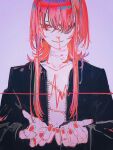  1girl black_jacket blood hair_over_one_eye highres jacket john_kafka looking_at_viewer nail_polish nosebleed original parted_lips purple_background reaching reaching_towards_viewer red_eyes red_hair red_nails short_hair_with_long_locks sidelocks solo upper_body zipper 