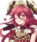  1girl bangs bare_shoulders black_gloves breasts cleavage dragalia_lost fur_trim gloves hair_between_eyes hair_ornament heart horns long_hair looking_at_viewer mym_(dragalia_lost) one_eye_closed red_hair solo upper_body white_background ydknhsvs yellow_eyes 