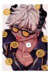  1boy :p blue_eyes blush coin dark-skinned_male dark_skin demon_boy demon_horns earrings furrowed_brow gold_coin highres horns jacket jewelry jitome leather leather_jacket looking_at_viewer mammon_(obey_me!) obey_me!:_one_master_to_rule_them_all! solo stud_earrings tongue tongue_out user_vvcv3324 white_hair 