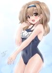 1girl blue_background blue_one-piece_swimsuit blush breasts brown_eyes brown_hair clothes_writing dated gradient_background hairband i-26_(kancolle) kantai_collection kitagawa_mikio large_breasts light_brown_hair long_hair looking_at_viewer name_tag new_school_swimsuit one-piece_swimsuit open_mouth school_swimsuit signature smile solo swimsuit two-tone_hairband two_side_up 