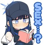  ? armpit_crease bare_shoulders baseball_cap black_gloves blue_archive blue_eyes blue_hair blush book chibi clearite closed_mouth commentary_request english_text frown gloves hat holding holding_book jitome kama_sutra_(book) long_hair off_shoulder open_book reading saori_(blue_archive) simple_background straight_hair sweat upper_body white_background 