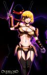  absurdres armor artist_name asymmetrical_footwear bad_id bad_pixiv_id between_fingers black_skirt blonde_hair breasts cleavage clementine_(overlord) collarbone commentary copyright_name criss-cross_halter dagger eyes_in_shadow feet_out_of_frame garter_belt gauntlets glowing glowing_eye grin halterneck highres holding holding_weapon jazz_jack knife large_breasts looking_at_viewer midriff miniskirt mismatched_footwear momon_(overlord) navel o-ring o-ring_legwear overlord_(maruyama) parted_lips pauldrons red_eyes ribs shiny_hair short_hair shoulder_armor skirt smile stiletto_(weapon) sword sword_on_back thighhighs weapon weapon_on_back wide_hips 