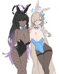  2girls animal_ears asuna_(blue_archive) asuna_(bunny)_(blue_archive) black_hair black_leotard black_pantyhose blue_archive blue_bow blue_eyes blue_halo blue_leotard blush bow breasts cleavage closed_mouth collarbone dark-skinned_female dark_skin detached_collar fake_animal_ears feet_out_of_frame fishnet_pantyhose fishnets fried_bocky gloves grin hair_over_one_eye halo highres karin_(blue_archive) karin_(bunny)_(blue_archive) large_breasts leotard light_brown_hair long_hair looking_at_viewer mole mole_on_breast multiple_girls official_alternate_costume pantyhose purple_halo rabbit_ears simple_background smile strapless strapless_leotard v white_background white_gloves yellow_eyes 