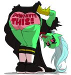 2016 alien alien_humanoid big_butt bottomwear breasts butt clothed clothing fangs female footwear gloves green_body green_skin hair handwear humanoid humanoid_pointy_ears long_hair long_tongue lord_dominator midriff noseless not_furry panties pink_sclera shoes simple_background smile socks solo standing teeth text text_on_clothing tongue tongue_out topwear underwear wander_over_yonder white_background white_hair ziggysmut