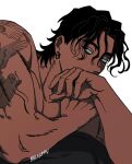  1boy balnom bara bird_tattoo black_hair covering_own_mouth dark-skinned_male dark_skin earrings elbow_rest hand_over_own_mouth jewelry looking_to_the_side lying male_focus muscular muscular_male nude on_stomach original pectorals short_hair solo upper_body 