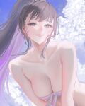  1girl absurdres bangs bare_arms bare_shoulders blue_eyes breasts cloud collarbone highres large_breasts long_hair looking_at_viewer original outdoors ponytail purple_hair smile tokkihouse upper_body 