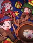  4boys =_= animal_costume antlers beanie black_gloves black_hair blue_background blue_eyes blue_headwear brown_hair eric_cartman gloves green_eyes green_headwear hat highres hood hood_up horns jacket kenny_mccormick kyle_broflovski male_focus multiple_boys omochisan216 open_mouth orange_hair orange_jacket red_headwear red_jacket reindeer_antlers reindeer_costume santa_costume santa_hat sleigh smile south_park stan_marsh 