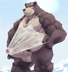 anthro areola balls barazoku bear belly big_balls big_belly big_biceps big_muscles big_pecs big_penis biped black_nose blue_eyes bodily_fluids bottomless brown_body brown_fur chest_tuft clothed clothing digital_media_(artwork) erection eyebrows fur genitals glans humanoid_genitalia humanoid_penis looking_at_viewer male mammal musclegut muscular muscular_anthro muscular_male muscular_thighs nipples pecs penis shirt shirt_only simple_background sky smile solo sweat sweaty_body tank_top topwear topwear_only tuft viridianvariant wet wet_clothing wet_shirt wet_topwear white_clothing white_shirt white_tank_top white_topwear
