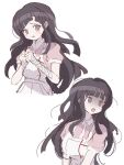  1girl :o apron bandaged_arm bandages breasts collared_shirt danganronpa_(series) danganronpa_2:_goodbye_despair highres jun_(lllllllllkatte) large_breasts long_hair looking_to_the_side multiple_views own_hands_together pink_shirt puffy_short_sleeves puffy_sleeves shaded_face shirt short_sleeves simple_background teeth tsumiki_mikan two-tone_shirt upper_body upper_teeth_only white_apron white_background 