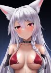  1girl absurdres animal_ear_fluff animal_ears azur_lane bare_shoulders bikini black_background black_collar blue_background blush braid breasts closed_mouth collar collarbone commentary_request gradient_background grey_hair hair_between_eyes hair_over_shoulder head_tilt highres long_hair looking_at_viewer medium_breasts red_bikini red_eyes ryara short_eyebrows single_braid smile solo sweat swimsuit thick_eyebrows upper_body yuudachi_(azur_lane) 