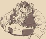  1boy animal_skull bara belly blush cow_boy cropped_torso exe_exem facial_hair forked_eyebrows goatee greyscale grin highres huge_eyebrows long_sideburns male_focus monochrome muscular muscular_male plump short_hair sideburns sideburns_stubble smile solo stubble tetsuox_(housamo) thick_arms thick_eyebrows tokyo_afterschool_summoners 