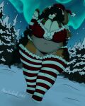  4:5 anthro belly big_breasts biped black_hair breasts christmas christmas_clothing clothed clothing cookie cricetid curvy_figure detailed_background digital_drawing_(artwork) digital_media_(artwork) female food fur georgie_(mexifurfoof) hair hamster hi_res holidays lingerie long_hair mammal mexifurfoof overweight rodent smile thick_thighs voluptuous wide_hips 
