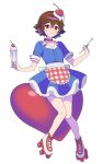  1boy absurdres alternate_costume apron blue_dress brown_eyes brown_hair buttons cherry choker closed_mouth commentary crossdressing dessert dress food fruit full_body hairband highres hilbert_(pokemon) holding holding_spoon knees knees_together_feet_apart male_focus p_(flavorppp) plaid plaid_apron pokemon pokemon_bw roller_skates short_hair short_sleeves skates smile solo spoon symbol-only_commentary waist_apron white_background white_footwear 