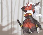 absurd_res anthro biped blaziken blue_eyes breasts female fur generation_3_pokemon genitals hi_res nintendo nipples pokemon pokemon_(species) pussy red_body red_fur solo yellow_nipples zi_ran