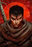  1boy berserk black_hair dave_rapoza frown furrowed_brow guts_(berserk) highres male_focus one_eye_closed red_background red_eyes scar scar_on_cheek scar_on_face scar_on_nose serious solo sword sword_on_back upper_body weapon weapon_on_back 