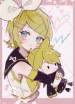  +_+ 1girl aqua_eyes armpit_peek black_sailor_collar blonde_hair border character_doll crop_top doll drawn_heart hair_ornament hairclip heart holding holding_doll kagamine_len kagamine_rin light_blush looking_to_the_side maca1227 navel neckerchief pink_border pout sailor_collar shirt short_hair sidelocks solo swept_bangs symbol-shaped_pupils vocaloid white_background white_shirt yellow_neckerchief 