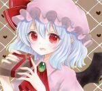  1girl :d argyle argyle_background ascot bat_wings blue_hair blush brown_background fang gift hair_between_eyes hat hat_ribbon holding holding_gift light_blue_hair looking_at_viewer medium_hair mob_cap pink_headwear pointy_ears red_ascot red_eyes red_ribbon remilia_scarlet ribbon skin_fang smile solo touhou valentine wings yuuki_hana_(jtnp5334) 
