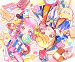  1boy 1girl bangs blonde_hair blush buttons candy closed_mouth colorful cracker cupcake doughnut flower food fruit gradient_hair hair_between_eyes hair_ornament hairclip hat heart highres holding holding_candy holding_food holding_lollipop kanji lollipop long_sleeves momomo_(m0_3) multicolored_hair ootori_emu open_mouth orange_eyes orange_hair pink_eyes pink_hair project_sekai short_hair star_(symbol) strawberry teeth tenma_tsukasa upper_body upper_teeth_only 