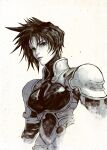  1girl armor bodysuit breasts dave_rapoza greyscale highres iria_(zeiram) iria_zeiram_the_animation medium_breasts mole mole_under_eye monochrome short_hair shoulder_armor solo upper_body 