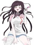  1girl :d apron bandaged_arm bandaged_leg bandages bandaid bandaid_on_knee bandaid_on_leg blood blush breasts collared_shirt danganronpa_(series) danganronpa_2:_goodbye_despair hand_up highres holding holding_syringe jun_(lllllllllkatte) large_breasts long_hair mole mole_under_eye nosebleed pink_blood pink_shirt puffy_short_sleeves puffy_sleeves red_eyes shirt shoes short_sleeves smile solo syringe teeth tsumiki_mikan two-tone_shirt upper_teeth_only white_apron white_footwear 