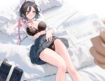  1girl azur_lane bag bangs black_bra black_hair black_nails black_panties blurry blurry_foreground bra breasts cirilla_lin clothes_lift collared_shirt dress_shirt ear_piercing feet_out_of_frame foreshortening gradient_hair hair_between_eyes hair_ornament holding holding_leash horns id_card leash legs looking_at_viewer lying multicolored_hair nail_polish on_back on_bed open_clothes open_shirt panties parted_lips piercing pillow pleated_skirt pov pov_hands school_bag shirt skirt skirt_lift solo_focus thighs ulrich_von_hutten_(azur_lane) underwear white_shirt yellow_eyes 