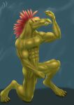  3_fingers abs absurd_res alien amber_eyes anthro beak biceps claws colored convenient_censorship digitigrade fangs feather_hair feathered_crest feathers finger_claws fingers fist flexing halo_(series) head_crest hi_res jar_kruit kig-yar kneeling male microsoft muscular muscular_anthro muscular_male nude on_one_knee pose pseudo_hair pupils red_body red_feathers ruuhtian_(kig-yar) scalie shaded simple_background slit_pupils solo tan_body tan_skin teeth toe_claws voka-art xbox_game_studios 