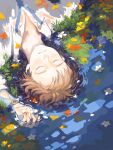  1boy ah_roro autumn_leaves bad_drawr_id bad_id blue_necktie brown_hair closed_eyes collared_shirt daisy facing_up flower ginkgo_leaf grass leaf long_sleeves male_focus necktie original parted_lips partially_submerged ripples shirt short_hair solo upper_body watch water wetland white_flower white_shirt wristwatch 