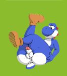 anthro balls blue_yoshi butt catfistingparty_(artist) clothing erection footwear footwear_only genitals green_background half-closed_eyes hand_on_butt legs_in_air lying male mario_bros mostly_nude narrowed_eyes nintendo on_back penis raised_leg shoes shoes_only simple_background smile solo style_emulation yoshi