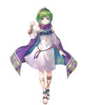  1girl ahoge bangs blue_eyes cape dress fire_emblem fire_emblem:_the_blazing_blade fire_emblem_heroes full_body gold_trim green_hair hairband highres miwabe_sakura nino_(fire_emblem) non-web_source official_art shiny_hair short_hair solo white_dress 