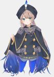  1boy androgynous aqua_eyes black_cape black_headwear blue_hair blue_pantyhose blush brown_hair cape captain_nemo_(fate) chain commentary_request fate/grand_order fate_(series) gradient_hair grey_background hat_feather highres long_hair low_twintails mayu-mayu1026 multicolored_hair nemo_(fate) pantyhose shorts simple_background smile solo turban twintails two-tone_hair very_long_hair 