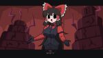  1girl bangs belt black_belt black_eyes black_gloves black_necktie black_vest bow breasts brown_hair buttons cerberus_(helltaker) cerberus_(helltaker)_(cosplay) commentary_request cookie_(touhou) cosplay cowboy_shot empty_eyes frilled_bow frilled_hair_tubes frills gloves hair_bow hair_tubes hakurei_reimu helltaker highres impossible_clothes impossible_vest kosokoso large_breasts long_hair long_sleeves looking_at_viewer necktie noel_(cookie) open_mouth palms parody red_bow red_shirt shirt sidelocks smile solo style_parody touhou translation_request vanripper_(style) vest 