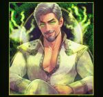  1boy absurdres aura beard border evil_smile facial_hair goatee grey_hair head_tilt highres king_magnifico knee_up male_focus mature_male momochi_(bmbmomomo) ornate_border partially_unbuttoned pectoral_cleavage pectorals robe royal_robe smile solo thick_beard thick_eyebrows thick_mustache toned toned_male upper_body white_robe wish_(disney) wrinkled_skin 