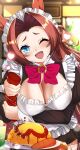  1girl absurdres animal_ears blurry blurry_background blush breasts brown_hair carrot cleavage commentary_request drink food heart highres horse_ears kawakami_princess_(umamusume) ketchup large_breasts long_hair looking_at_viewer maid maid_headdress maou_(maoudaisukiya) one_eye_closed open_mouth plate solo squishing umamusume 