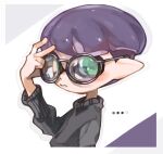  ... 1boy black-framed_eyewear blush border closed_mouth green_eyes grey_sweater inkling_boy inkling_player_character pointy_ears purple_hair round_eyewear short_hair solo spl8ya splatoon_(series) sweater tentacle_hair upper_body white_background white_border 