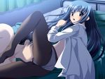  1boy 1girl blue_eyes blue_hair cunnilingus game_cg indoors leggings licking open_clothes open_shirt oral panties pantyhose shirt underwear 