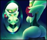  1girl ass breasts creatures_(company) game_freak gen_4_pokemon huge_ass mirror nintendo pokemon pokemon_(creature) pussy red_benjamin red_eyes roserade sitting smile solo standing 