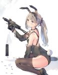  1girl animal_ears blonde_hair blue_eyes bunny_ears bunny_tail bunnysuit commentary_request daito detached_sleeves dog_tags fake_animal_ears gloves gun highres holding holding_weapon magazine_(weapon) original partly_fingerless_gloves ponytail shell_casing sitting smoke solo submachine_gun tail thighhighs trigger_discipline wariza weapon 