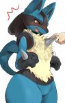  2019 ambiguous_gender anthro blue_fur blush canid canine fur human lucario mammal nintendo nukochi open_mouth pok&eacute;mon pok&eacute;mon_(species) simple_background solo_focus tears teeth thick_thighs tongue video_games white_background 