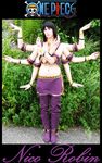  1girl arms black_hair boots border bush character_name cosplay extra_arms female full_body hana_hana_no_mi lowres midriff multi_arm multi_limb nico_robin nico_robin_(cosplay) one_piece outdoors photo purple_shoes skirt solo standing 