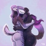  anthro butt canid canine duo eyes_closed female female/female fur hair hug mammal nude open_mouth plgdd simple_background slightly_chubby smile standing 