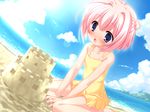  1girl beach blue_eyes blush cute game_cg highres loli outdoors pink_hair sky solo swimsuit 