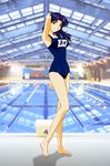  barefoot blue_hair evangelion highres katsuragi_misato neon_genesis_evangelion one-piece one-piece_swimsuit school_swimsuit swimsuit 